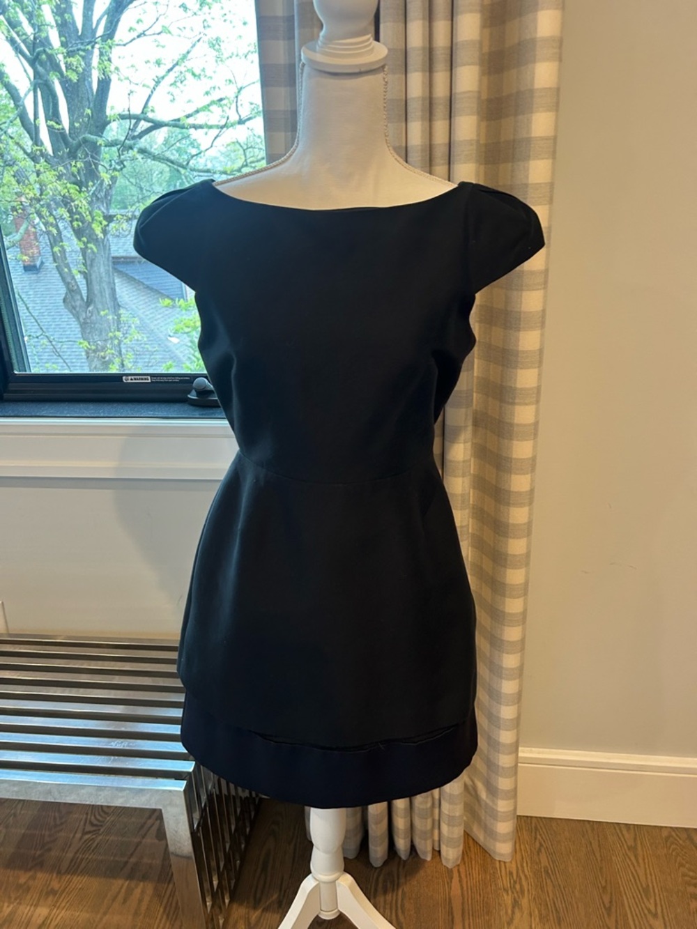 Halston Heritage Black Boatneck Cap-Sleeve Mini Dress with Satin Trim